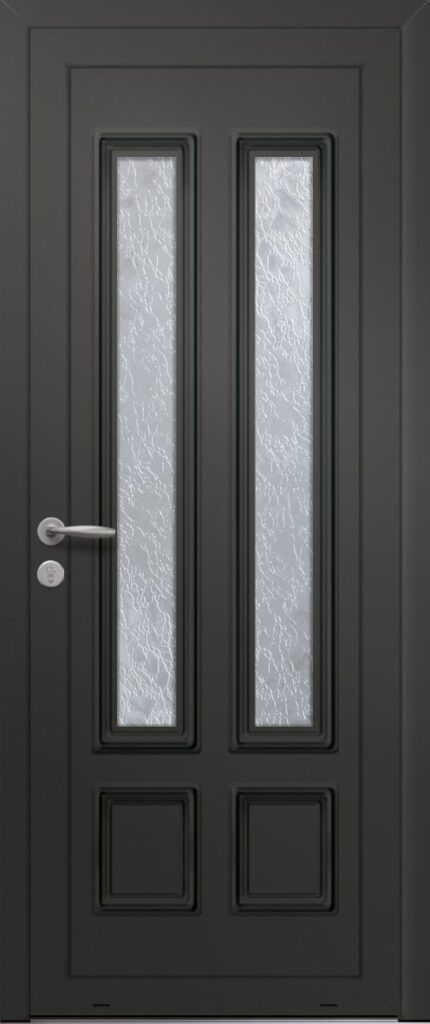 Panneau de porte d’entrée vitré en aluminium laqué ALCOR 2L coloris RAL 8019 brun gris finitions mat et moulures embouties