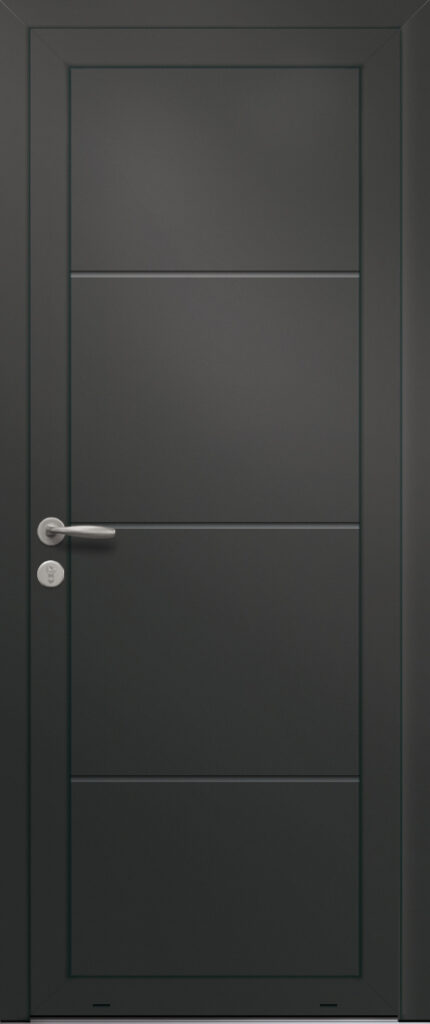 Panneau de porte d’entrée en aluminium laqué AMANDE coloris RAL 2100 noir finitions sablé