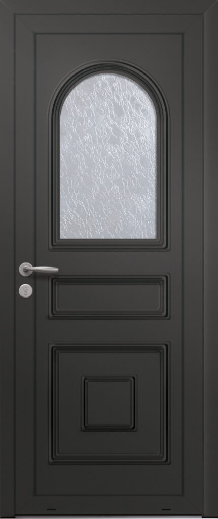 Panneau de porte d’entrée vitré en aluminium laqué ANTARES 1L coloris RAL 2100 noir moulures embouties finitions sablé