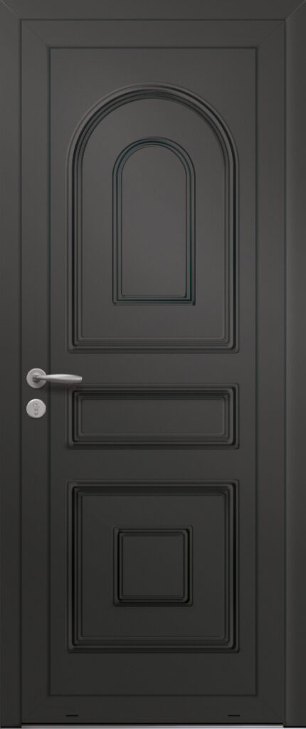 Panneau de porte d’entrée en aluminium laqué ANTARES coloris RAL 2100 noir moulures embouties finitions sablé