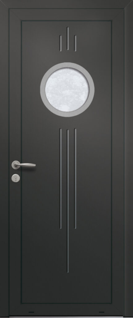 Panneau de porte d’entrée vitré en aluminium laqué ANTHRACITE 1 coloris RAL 2100 noir finitions sablé et pièce décorative en aluminium