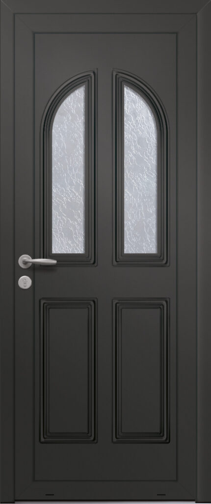 Panneau de porte d’entrée vitré en aluminium laqué ATRIA 2L coloris RAL 2100 noir moulures embouties finitions sablé