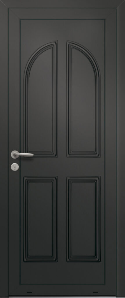 Panneau de porte d’entrée en aluminium laqué ATRIA coloris RAL 2100 noir moulures embouties finitions sablé