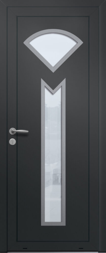 Panneau de porte d’entrée vitré en aluminium laqué AZUL 2 coloris RAL 2100 noir finitions sablé et pièces décoratives en aluminium