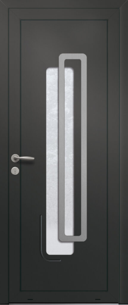 Panneau de porte d’entrée vitré en aluminium laqué BLEUET 1 coloris RAL 2100 noir finitions sablé pièce décorative en aluminium