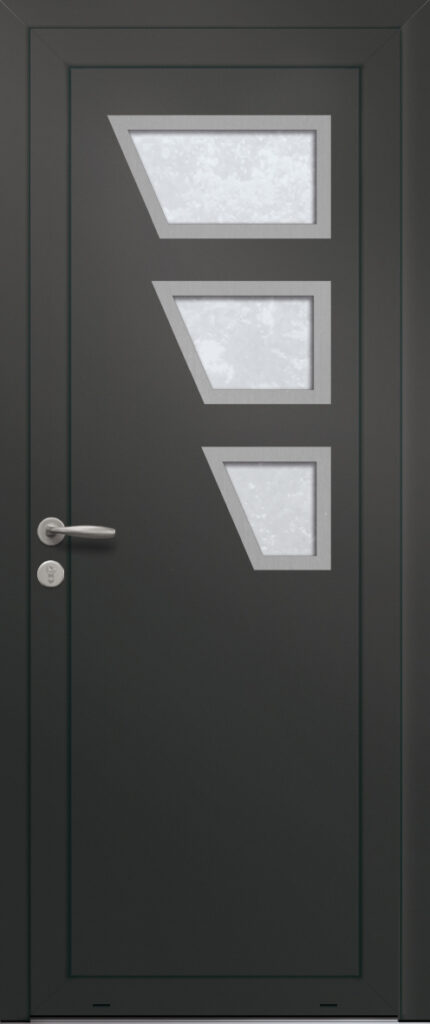 Panneau de porte d’entrée vitré en aluminium laqué BOGOTA 3 coloris RAL 2100 noir finitions sablé et pièces décoratives en aluminium