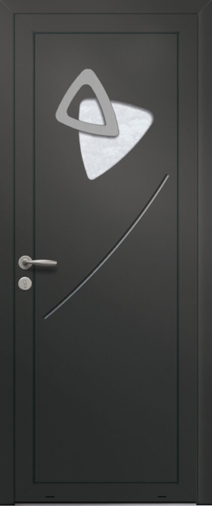 Panneau de porte d’entrée vitré en aluminium laqué CAMELIA 1 coloris RAL 2100 noir finitions sablé et pièce décorative en aluminium