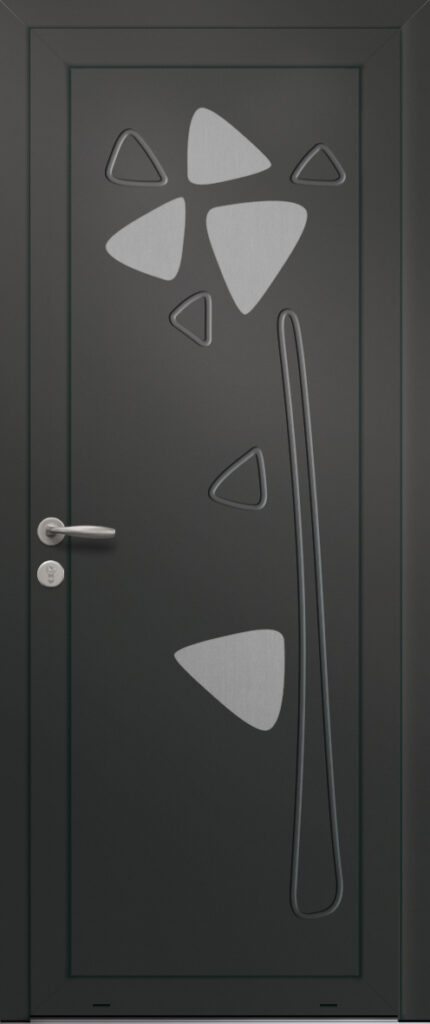 Panneau de porte d’entrée en aluminium laqué CAMPANULE coloris RAL 2100 noir finitions sablé pièces décoratives en aluminium