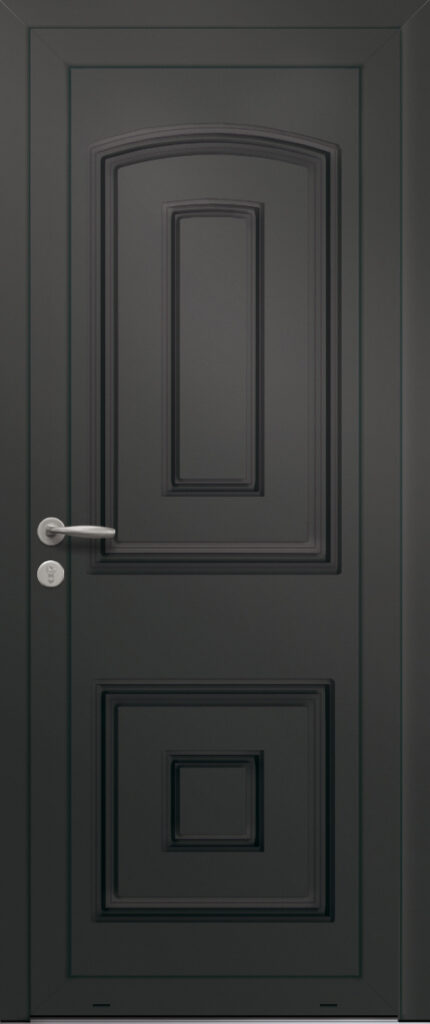 Panneau de porte d’entrée en aluminium laqué CAPELLA coloris RAL 2100 noir moulures embouties finitions sablé