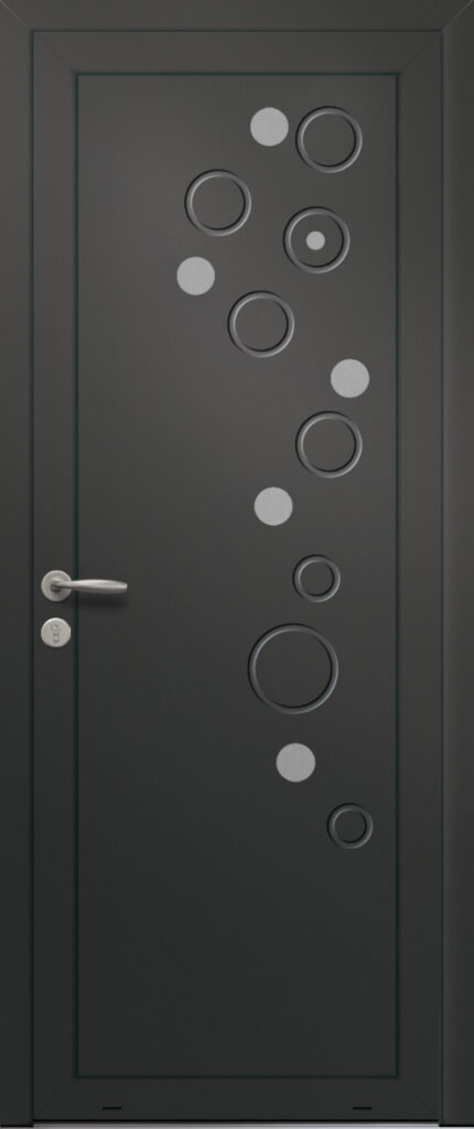 Panneau de porte d’entrée en aluminium laqué CAPUCINE coloris RAL 2100 noir finitions sablé pièces décoratives en aluminium