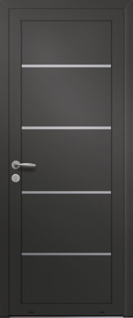 Panneau de porte d’entrée en aluminium laqué CELADON coloris RAL 2100 noir finitions sablé et pièces décoratives en aluminium