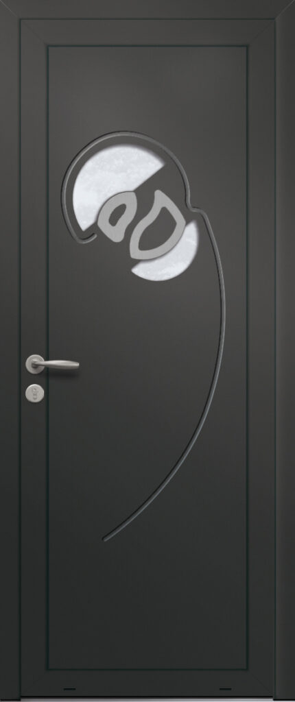 Panneau de porte d’entrée vitré en aluminium laqué CROCUS 2 coloris RAL 2100 noir finitions sablé pièces décoratives en aluminium