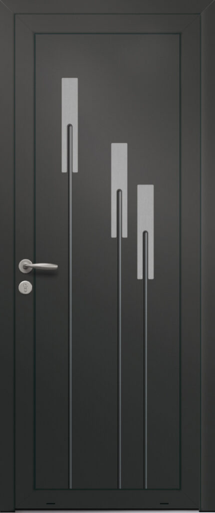 Panneau de porte d’entrée en aluminium laqué CYCLOPE coloris RAL 2100 noir finitions sablé et pièces décoratives en aluminium