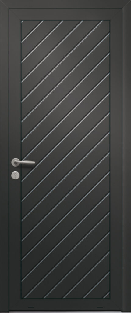 Panneau de porte d’entrée en aluminium laqué DIAGONALE coloris RAL 2100 noir finitions sablé