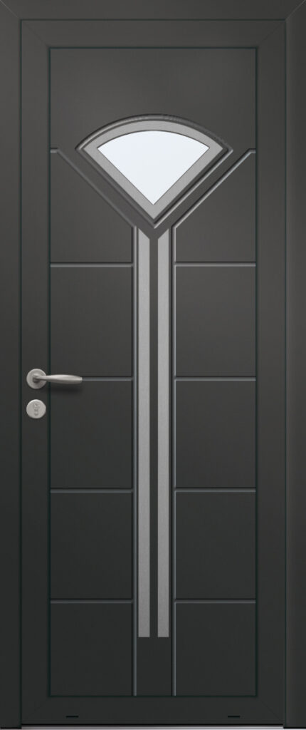 Panneau de porte d’entrée vitré en aluminium laqué DRAGON 1 coloris RAL 2100 noir finitions sablé et pièces décoratives en aluminium