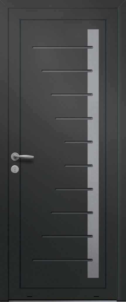 Panneau de porte d’entrée en aluminium laqué EDELWEISS coloris RAL 2100 noir finitions sablé pièce décorative en aluminium