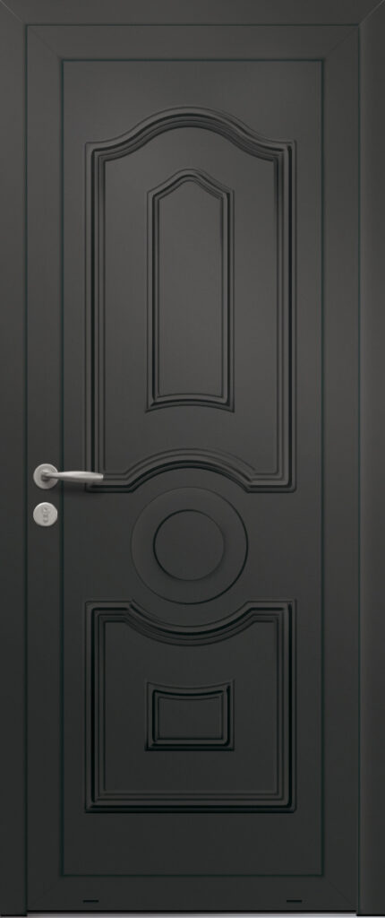 Panneau de porte d’entrée en aluminium laqué ELECTRA coloris RAL 2100 noir moulures embouties finitions sablé