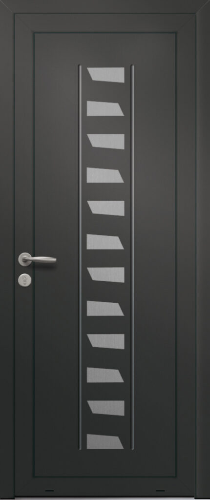 Panneau de porte d’entrée en aluminium laqué EPILOBE coloris RAL 2100 noir finitions sablé pièces décoratives en aluminium