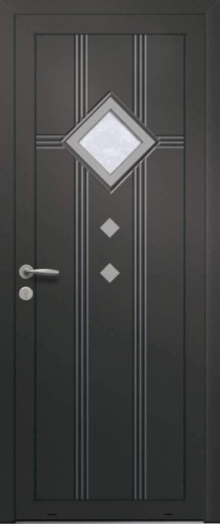 Panneau de porte d’entrée vitré en aluminium laqué HERCULE 1 coloris RAL 2100 noir finitions sablé et pièces décoratives en aluminium