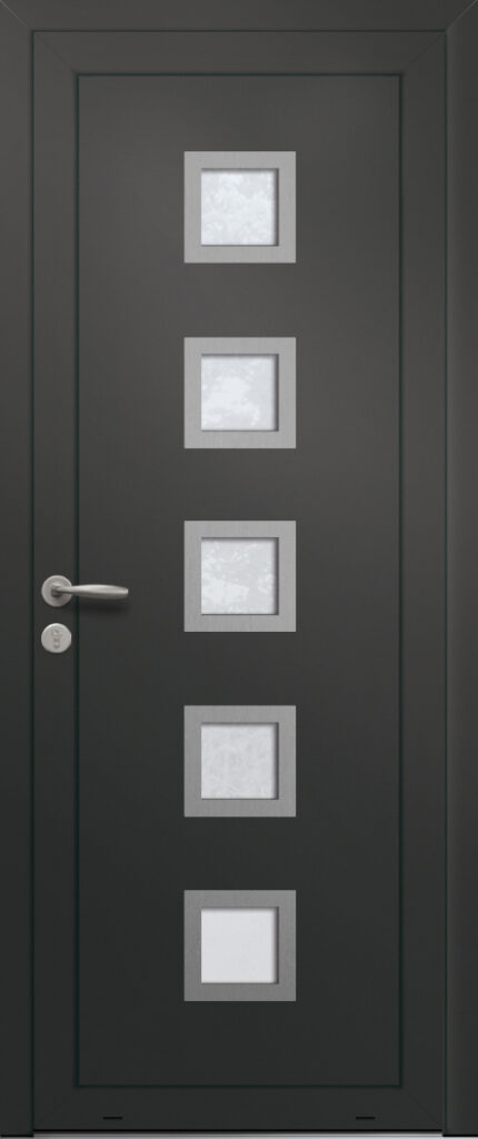 Panneau de porte d’entrée vitré en aluminium laqué LIMA 5 coloris RAL 2100 noir finitions sablé et pièces décoratives en aluminium