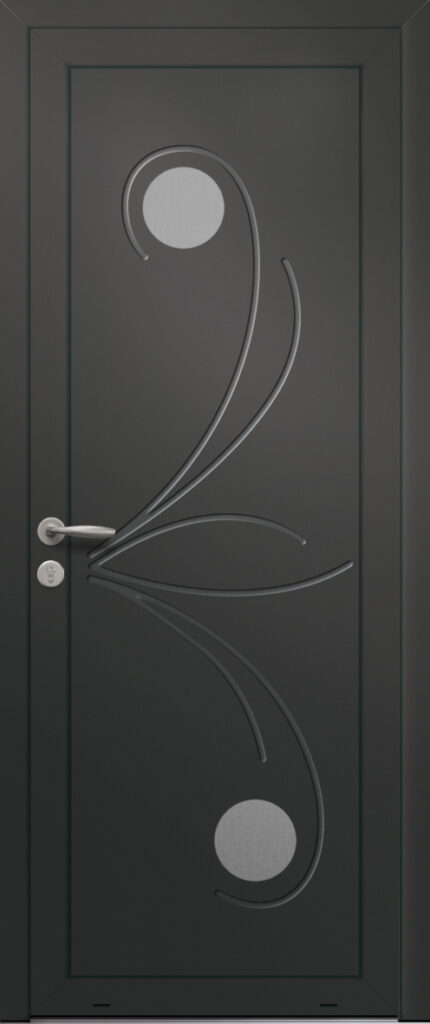 Panneau de porte d’entrée en aluminium laqué LISERON coloris RAL 2100 noir finitions sablé pièces décoratives en aluminium