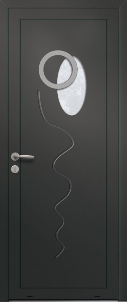 Panneau de porte d’entrée vitré en aluminium laqué MAGNOLIA 1 coloris RAL 2100 noir finitions sablé pièce décorative en aluminium