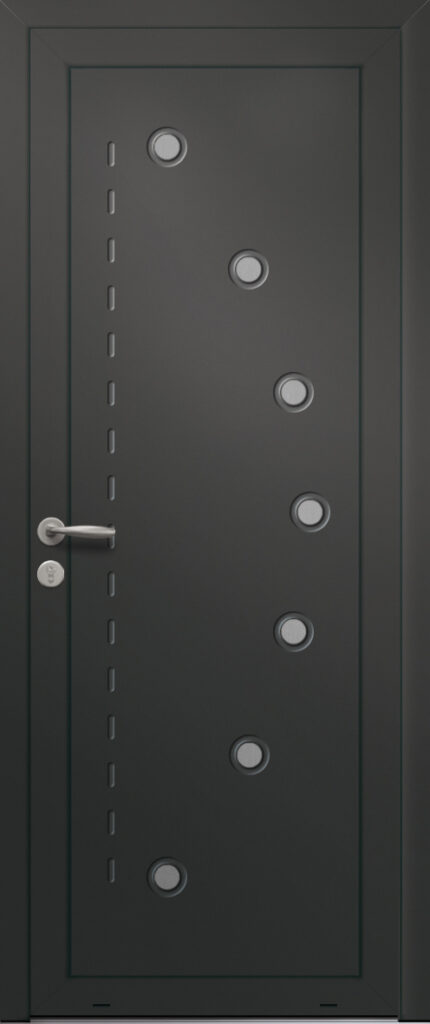 Panneau de porte d’entrée en aluminium laqué MELON coloris RAL 2100 noir finitions sablé pièces décoratives en aluminium