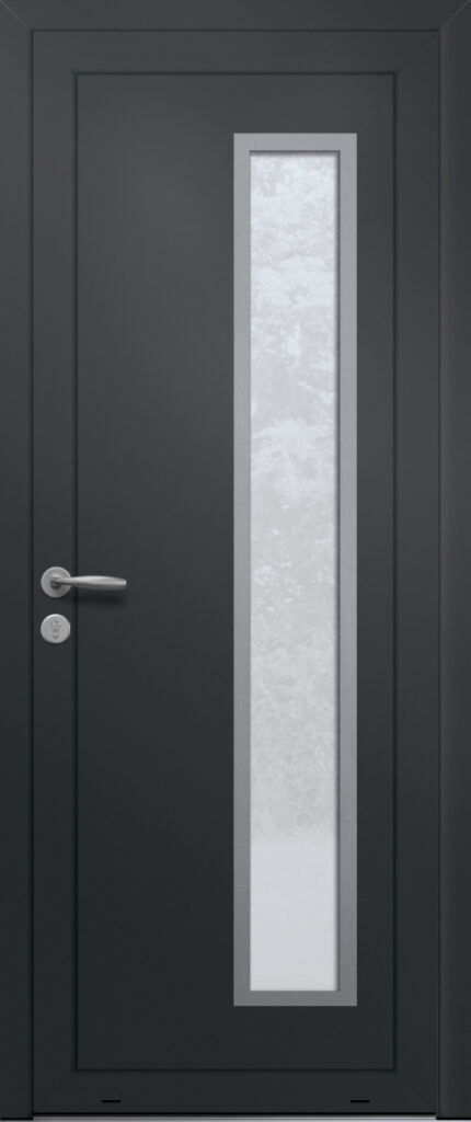 Panneau de porte d’entrée vitré en aluminium laqué MEXICO 1 coloris RAL 2100 noir finitions sablé et pièce décorative en aluminium