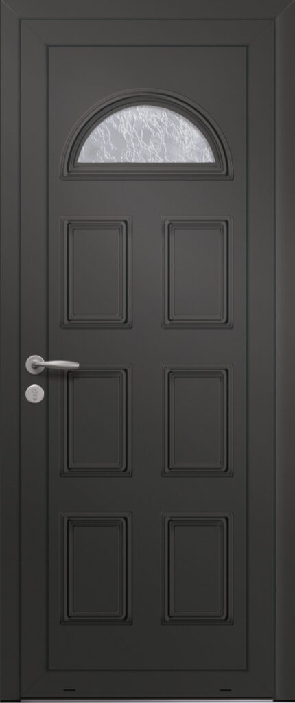 Panneau de porte d’entrée vitré en aluminium laqué ORION 1 coloris RAL 2100 noir moulures embouties finitions sablé