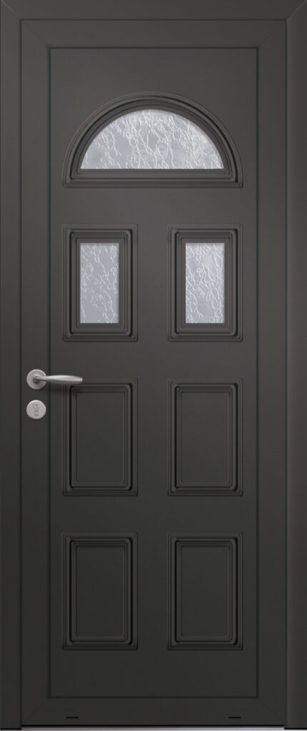 Panneau de porte d’entrée vitré en aluminium laqué ORION 3 coloris RAL 2100 noir moulures embouties finitions sablé