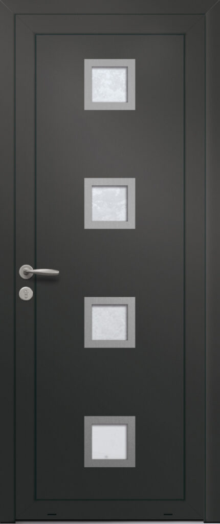 Panneau de porte d’entrée vitré en aluminium laqué ORURO 4 coloris RAL 2100 noir finitions sablé et pièces décoratives en aluminium