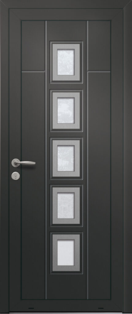 Panneau de porte d’entrée vitré en aluminium laqué PEGASE 5 coloris RAL 2100 noir finitions sablé et pièces décoratives en aluminium