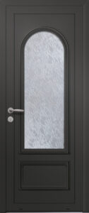 Panneau de porte d’entrée vitré en aluminium laqué POLARIS 1L coloris RAL 2100 noir moulures embouties finitions sablé