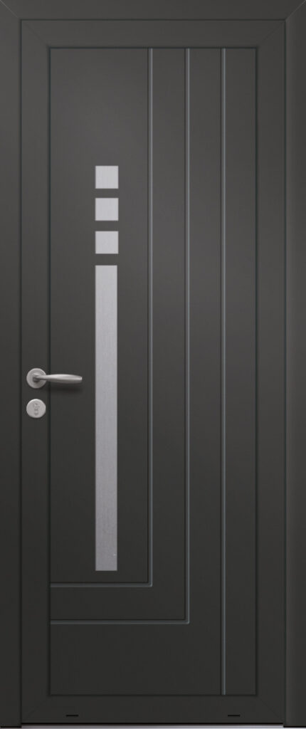 Panneau de porte d’entrée en aluminium laqué POURPRE coloris RAL 2100 noir finitions sablé pièces décoratives en aluminium