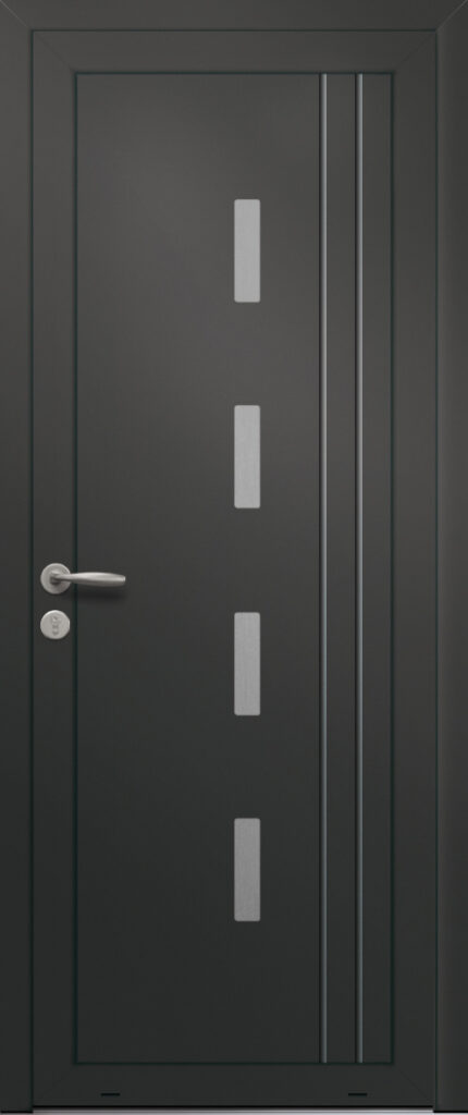 Panneau de porte d’entrée en aluminium laqué RHOECOS coloris RAL 2100 noir finitions sablé et pièces décoratives en aluminium