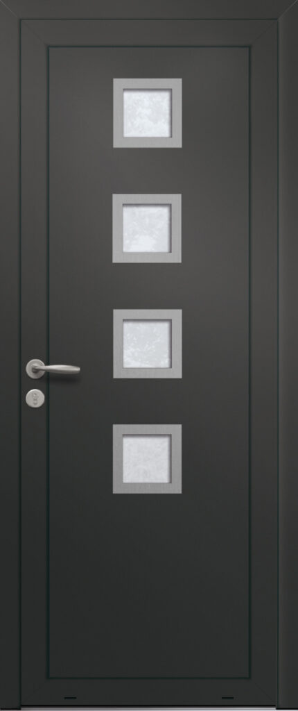 Panneau de porte d’entrée vitré en aluminium laqué RIVERA 4 coloris RAL 2100 noir finitions sablé et pièces décoratives en aluminium