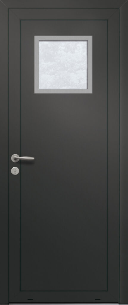 Panneau de porte d’entrée vitré en aluminium laqué SALTA 1 coloris RAL 2100 noir finitions sablé et pièce décorative en aluminium