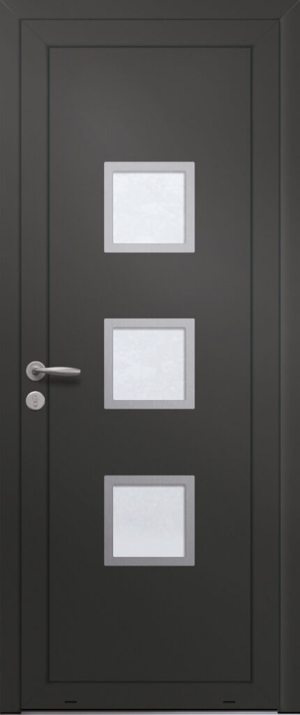 Panneau de porte d’entrée vitré en aluminium laqué SANTA CRUZ 3 coloris RAL 2100 noir finitions sablé et pièces décoratives en aluminium