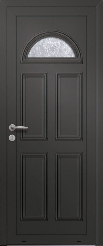 Panneau de porte d’entrée vitré en aluminium laqué SIRIUS 1 coloris RAL 2100 noir moulures embouties finitions sablé