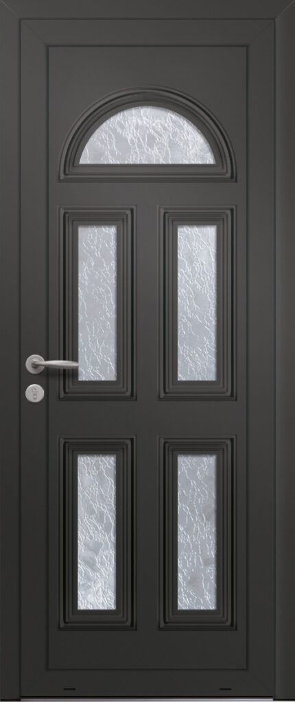 Panneau de porte d’entrée vitré en aluminium laqué SIRIUS 5 coloris RAL 2100 noir moulures embouties finitions sablé