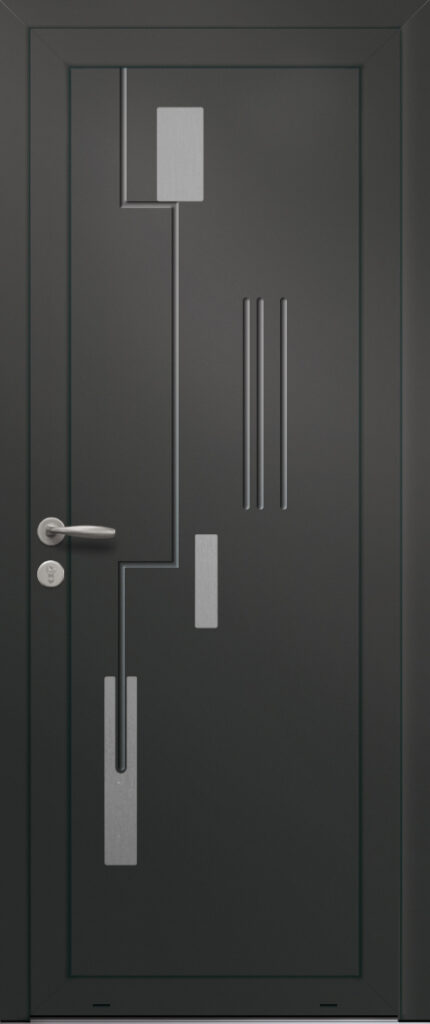 Panneau de porte d’entrée en aluminium laqué TYPHON coloris RAL 2100 noir finitions sablé et pièces décoratives en aluminium