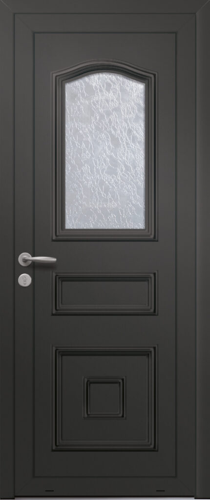 Panneau de porte d’entrée vitré en aluminium laqué VEGA 1L coloris RAL 2100 noir moulures embouties finitions sablé