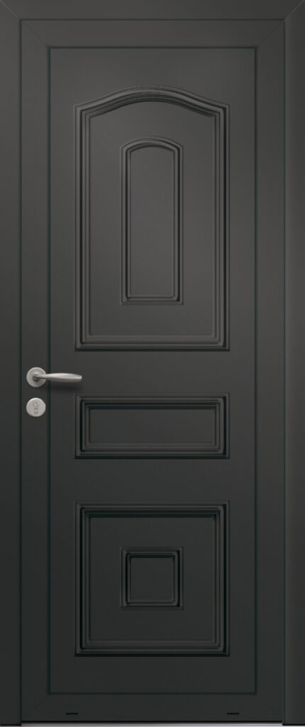 Panneau de porte d’entrée en aluminium laqué VEGA coloris RAL 2100 noir moulures embouties finitions sablé