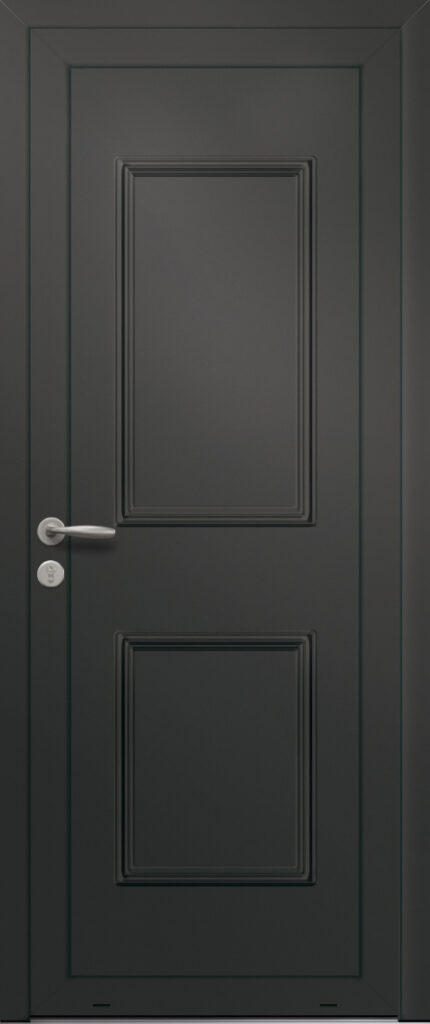 Panneau de porte d’entrée en aluminium laqué VERSEAU coloris RAL 2100 noir moulures embouties finitions sablé