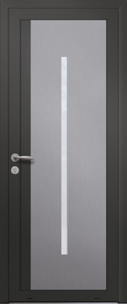 Panneau de porte d’entrée vitré en aluminium plaxé AMBRE 1G coloris film gris quartz RAL 7039 et pièce décorative en aluminium