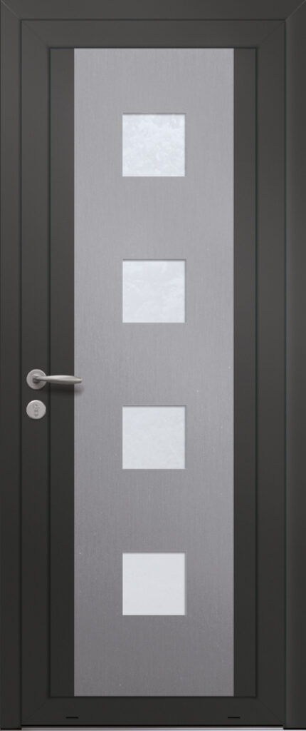 Panneau de porte d’entrée vitré en aluminium plaxé AMETHYSTE 1G coloris film gris quartz RAL 7039 et pièce décorative en aluminium