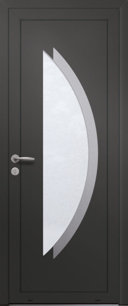 Panneau de porte d’entrée vitré en aluminium plaxé BELIZE 1 coloris film gris quartz RAL 7039 et pièce décorative aluminium