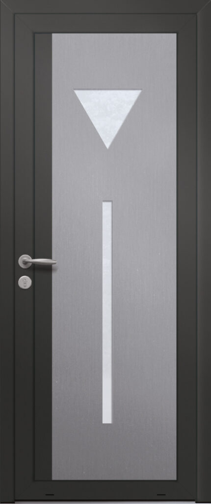 Panneau de porte d’entrée vitré en aluminium plaxé DIAMANT 2G coloris film gris quartz RAL 7039 et pièce décorative en aluminium