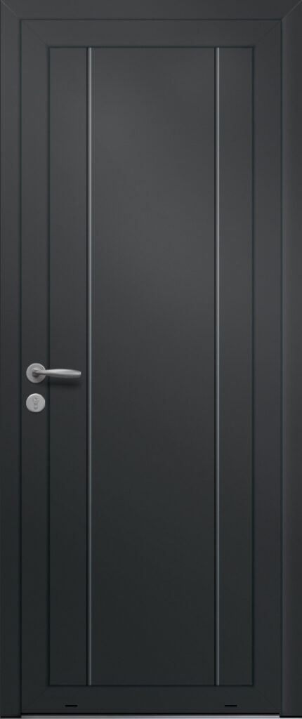 Panneau de porte d’entrée en aluminium plaxé FLECHE coloris film gris quartz RAL 7039