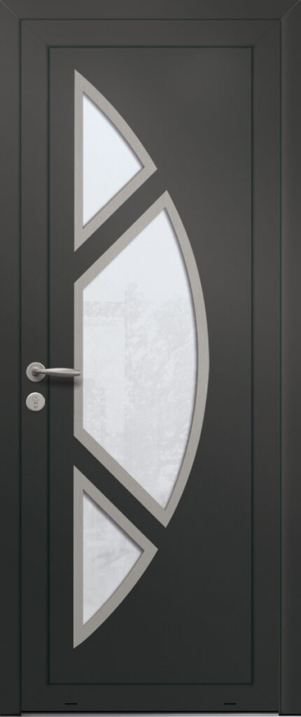 Panneau de porte d’entrée vitré en aluminium plaxé GOYA 3 coloris film gris quartz RAL 7039 et pièce décorative en aluminium